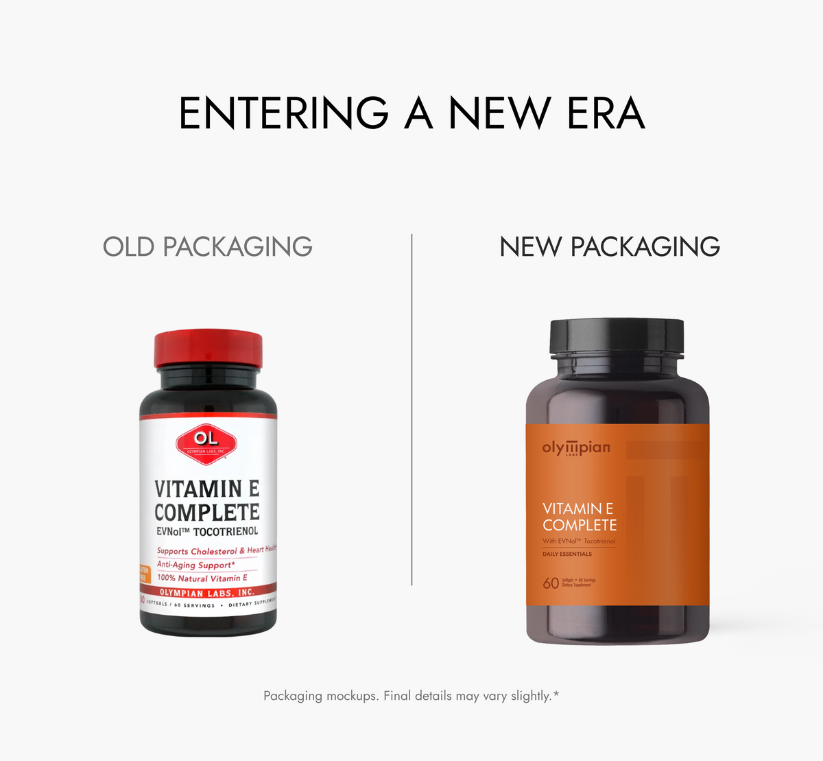 Comparison of old and new supplement bottle packaging on a white background.