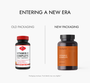 Comparison of old and new supplement bottle packaging on a white background.