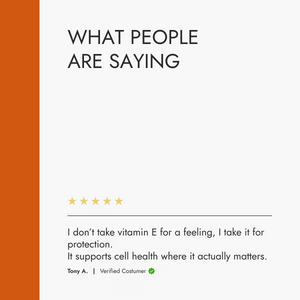 Text on a white background with a five-star rating and a customer review about vitamin E.