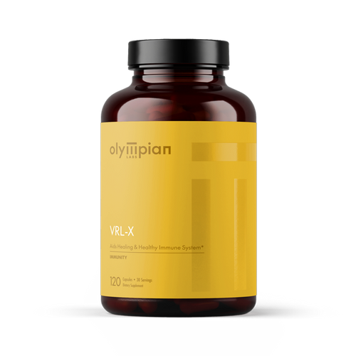 Olympian Labs VRL-X supplement bottle with yellow label on a white background