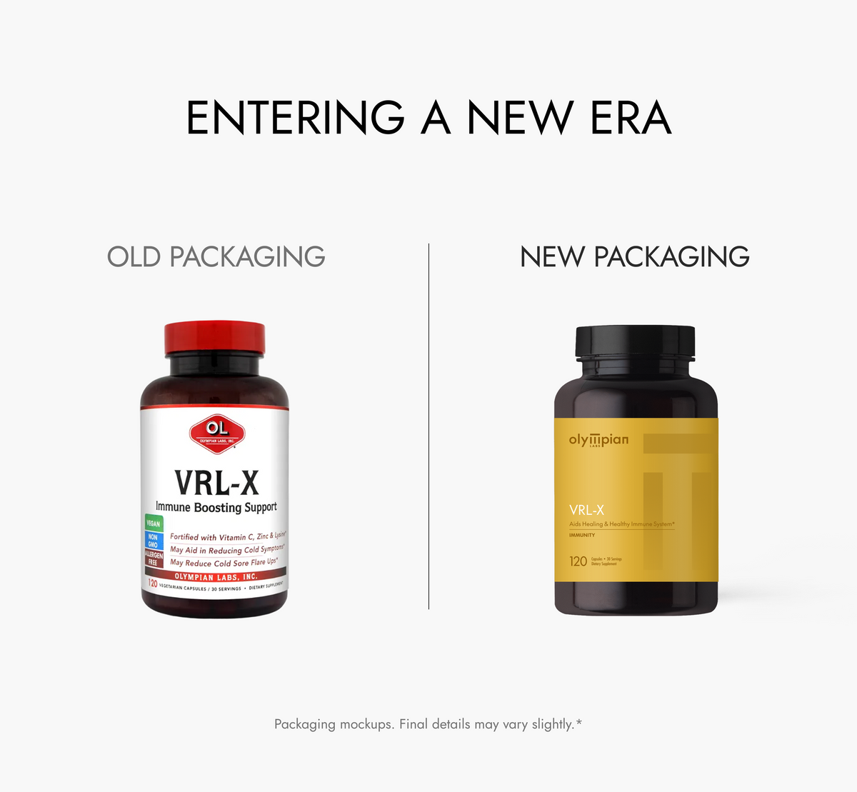 Comparison of old and new VRL-X supplement packaging on a white background.