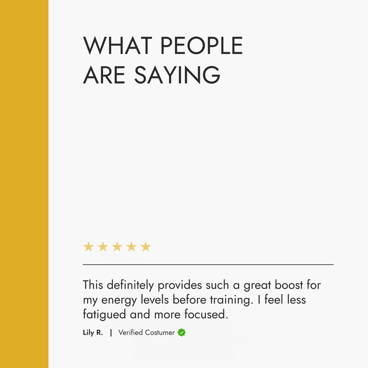 Product review section with a five-star rating and customer comment on a white background with yellow sidebar.