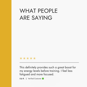 Product review section with a five-star rating and customer comment on a white background with yellow sidebar.