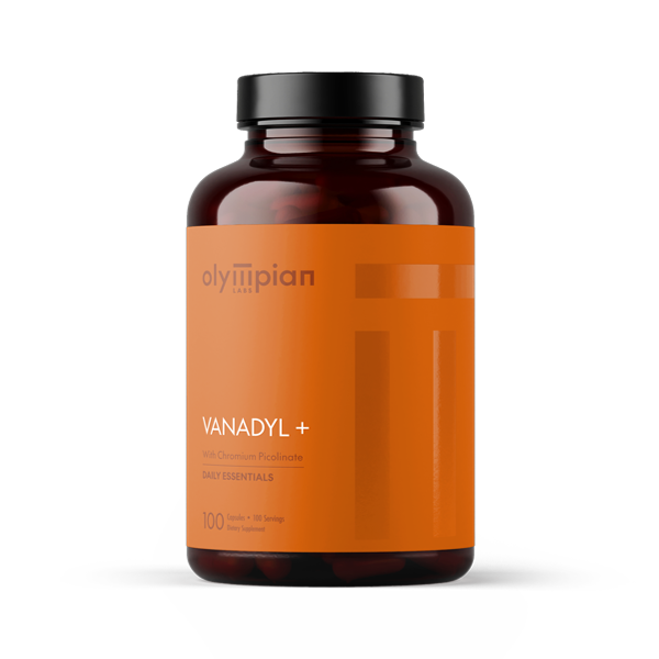 Brown supplement bottle with orange label on a white background