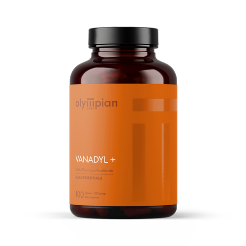 Brown supplement bottle with orange label on a white background