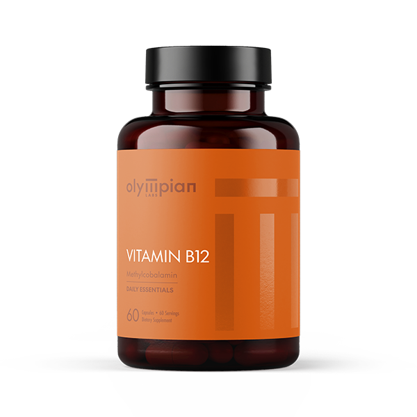 Vitamin B12 supplement bottle with orange label on a white background