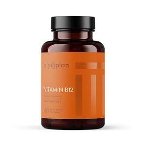 Vitamin B12 supplement bottle with orange label on a white background