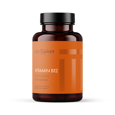 Vitamin B12 supplement bottle with orange label on a white background