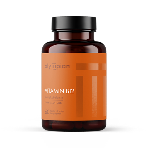 Vitamin B12 supplement bottle with orange label on a white background