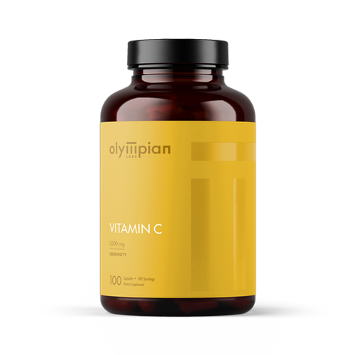 Vitamin C supplement bottle with yellow label on a white background