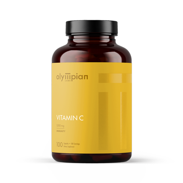 Vitamin C supplement bottle with yellow label on a white background