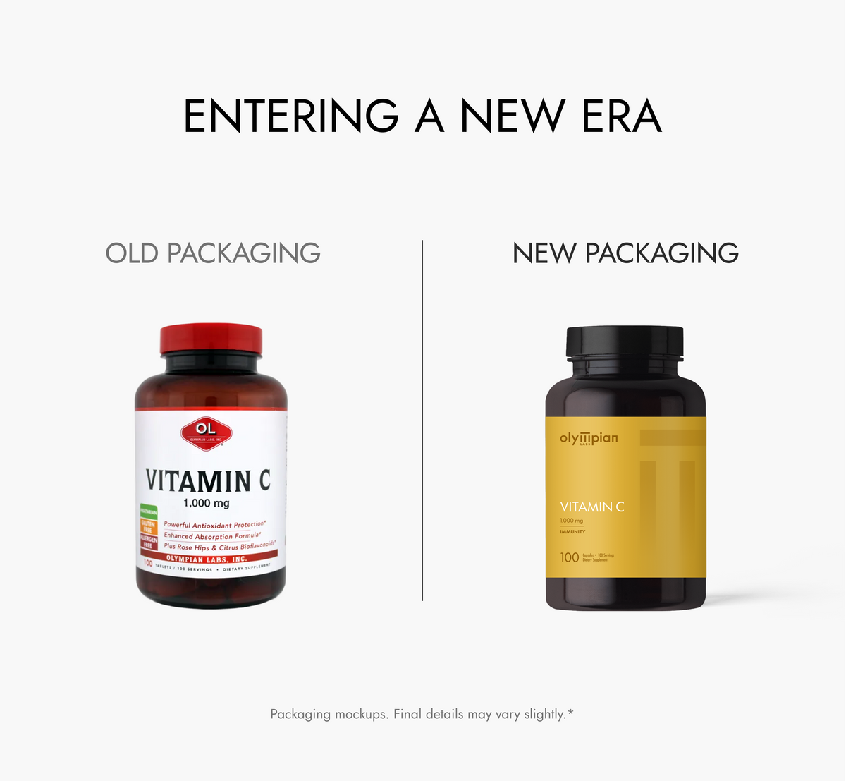 Comparison of old and new vitamin C supplement packaging on a white background.