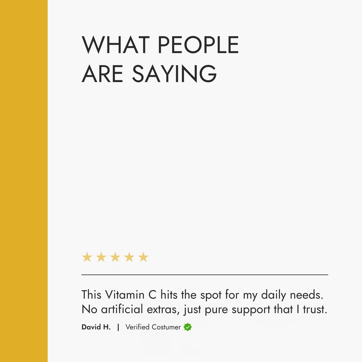 Product review section with a five-star rating and customer comment on a white background with yellow sidebar.