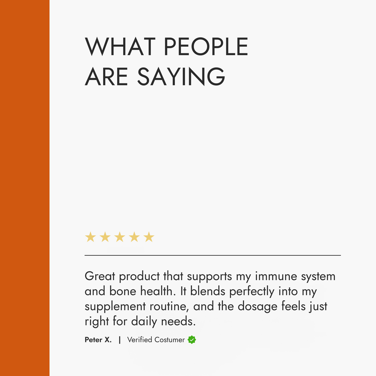 Product review section with a five-star rating and customer comment on a white background.