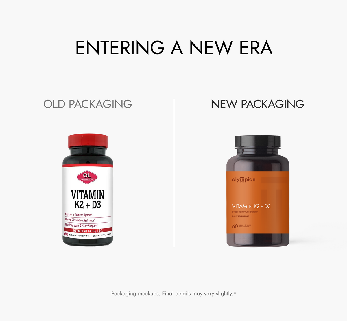 Comparison of old and new packaging for a Vitamin K2 + D3 supplement bottle.