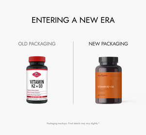Comparison of old and new packaging for a Vitamin K2 + D3 supplement bottle.