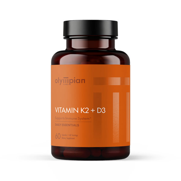Supplement bottle labeled 'Vitamin K2 + D3' by Olympian on an orange label with a white background.