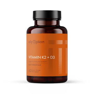 Supplement bottle labeled 'Vitamin K2 + D3' by Olympian on an orange label with a white background.