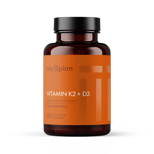 Supplement bottle labeled 'Vitamin K2 + D3' by Olympian on an orange label with a white background.