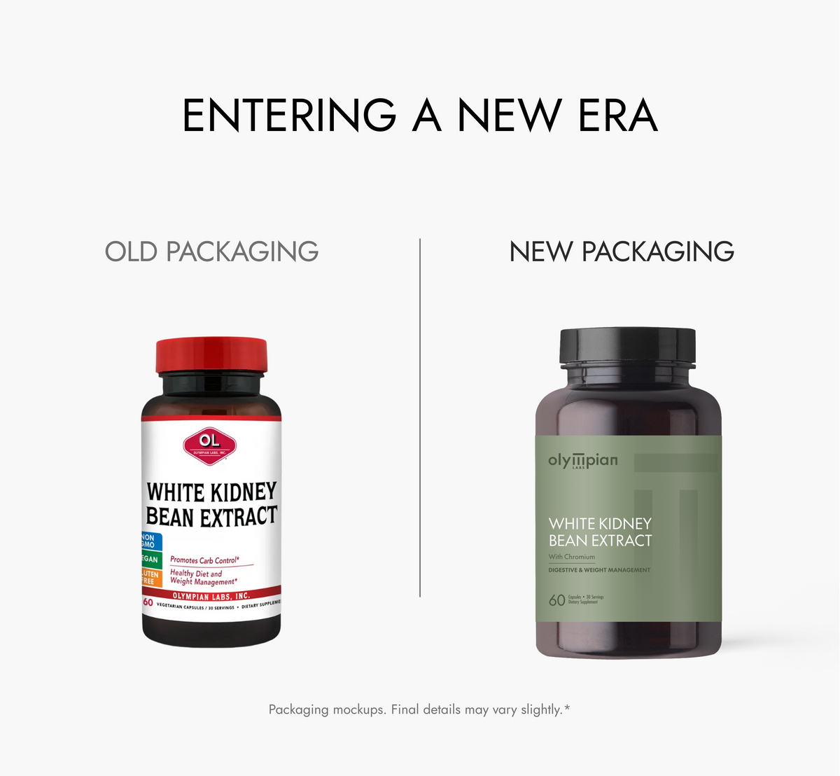 Comparison of old and new packaging for Olympian Labs White Kidney Bean Extract on a white background.