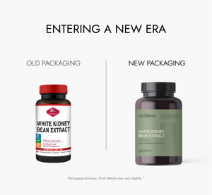 Comparison of old and new packaging for Olympian Labs White Kidney Bean Extract on a white background.