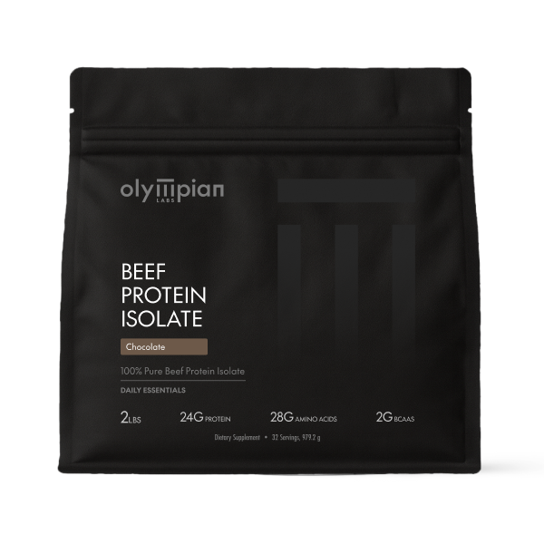 Black package of Olympian Labs Beef Protein Isolate on a white background