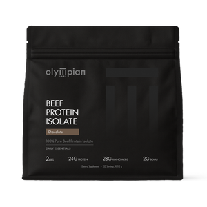 Black package of Olympian Labs Beef Protein Isolate on a white background