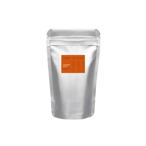 Silver foil packaging with an orange label on a white background