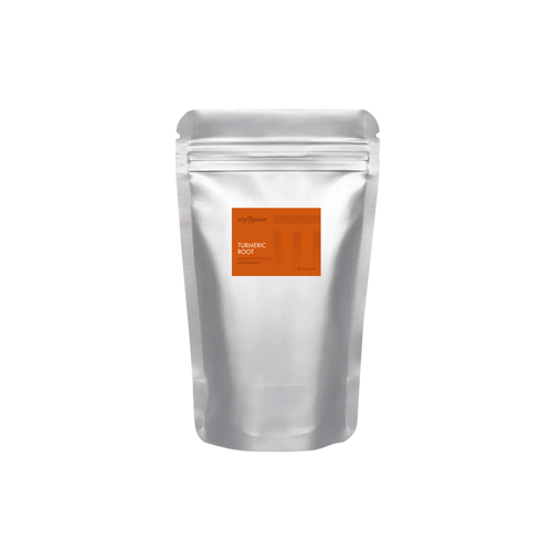 Silver foil packaging with an orange label on a white background