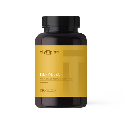 Supplement bottle labeled 'Herp-Eeze' by Olympian Labs on a white background