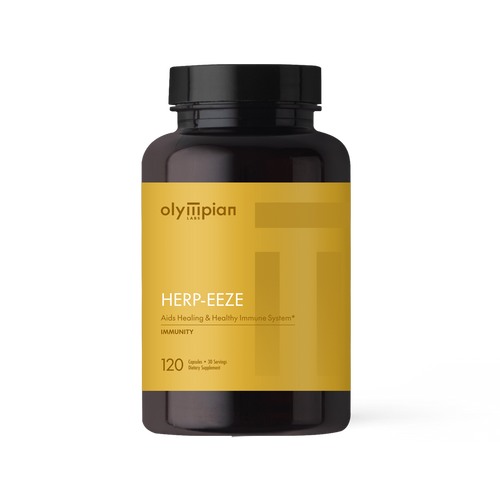 Supplement bottle labeled 'Herp-Eeze' by Olympian Labs on a white background