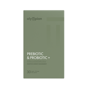 Olympian prebiotic and probiotic supplement package on a white background