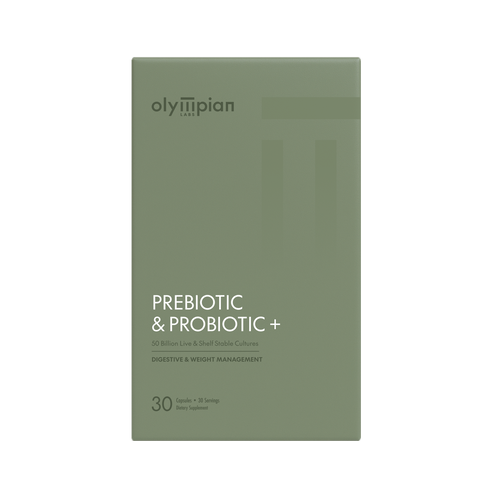 Olympian prebiotic and probiotic supplement package on a white background