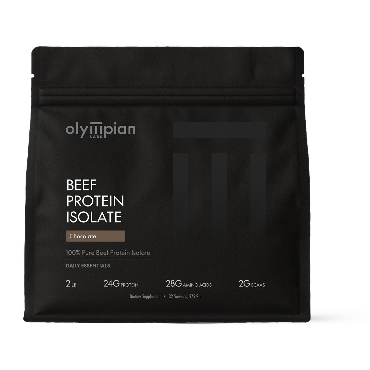 Black protein powder package with 'olympian labs' branding on a white background