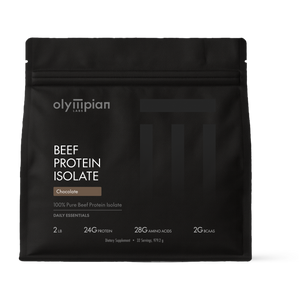 Black protein powder package with 'olympian labs' branding on a white background