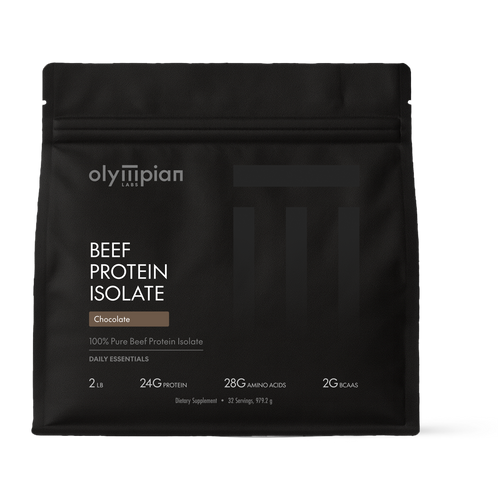 Black protein powder package with 'olympian labs' branding on a white background
