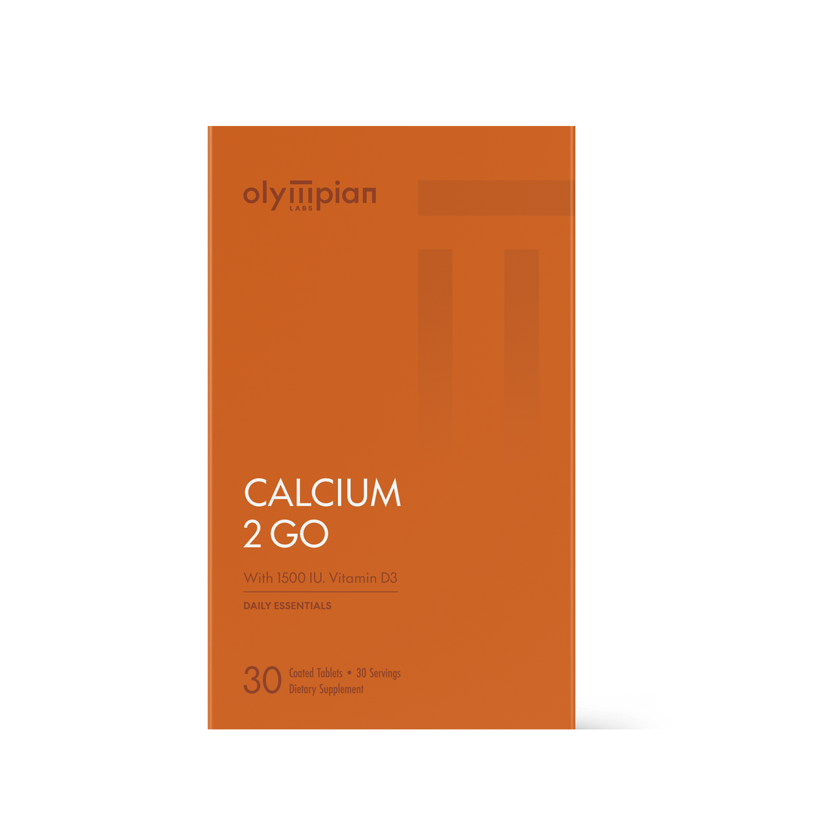 Orange supplement package labeled 'Calcium 2 Go' by Olympian on a white background