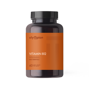 Olympian Vitamin B12 supplement bottle on a white background
