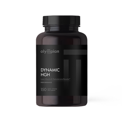 Black supplement bottle labeled 'Dynamic HGH' by Olympian on a white background