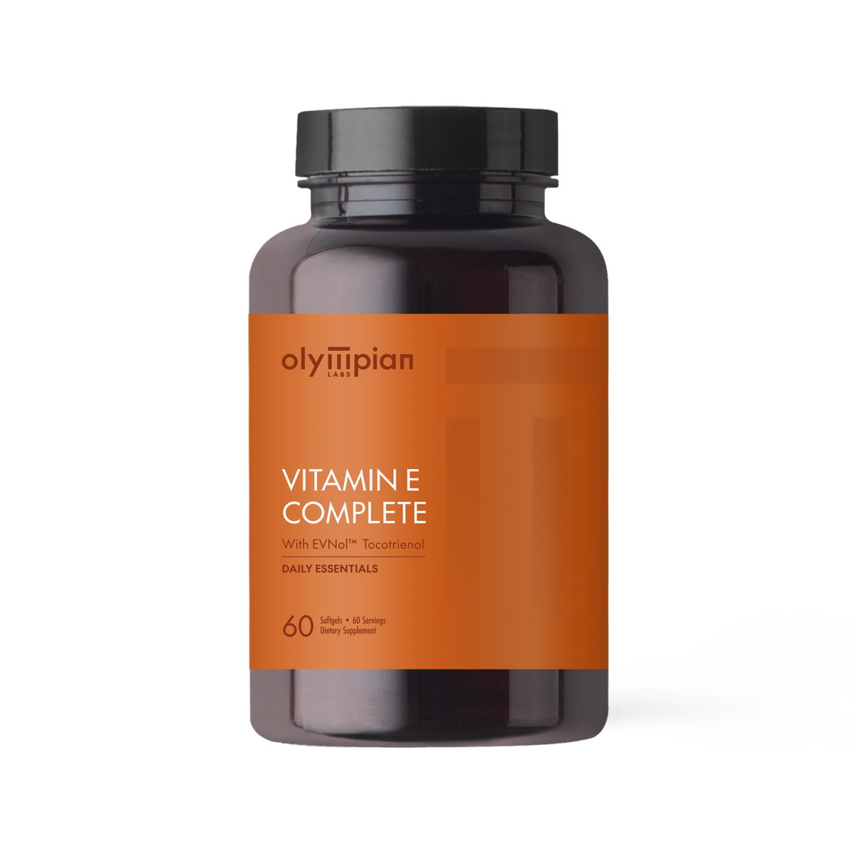 Supplement bottle labeled 'Olympian Vitamin E Complete' on a white background