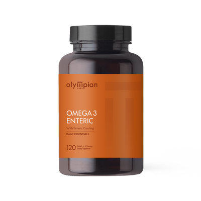Olympian Omega 3 Enteric supplement bottle on a white background
