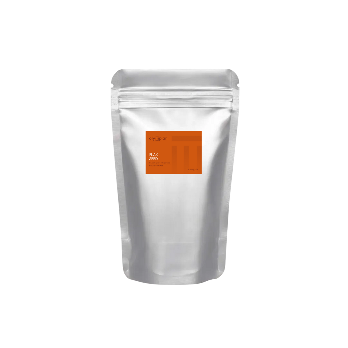 Silver foil packaging with an orange label on a white background