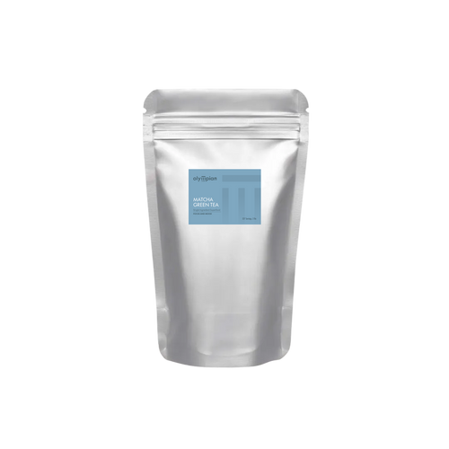 Silver packaging with a blue label on a white background