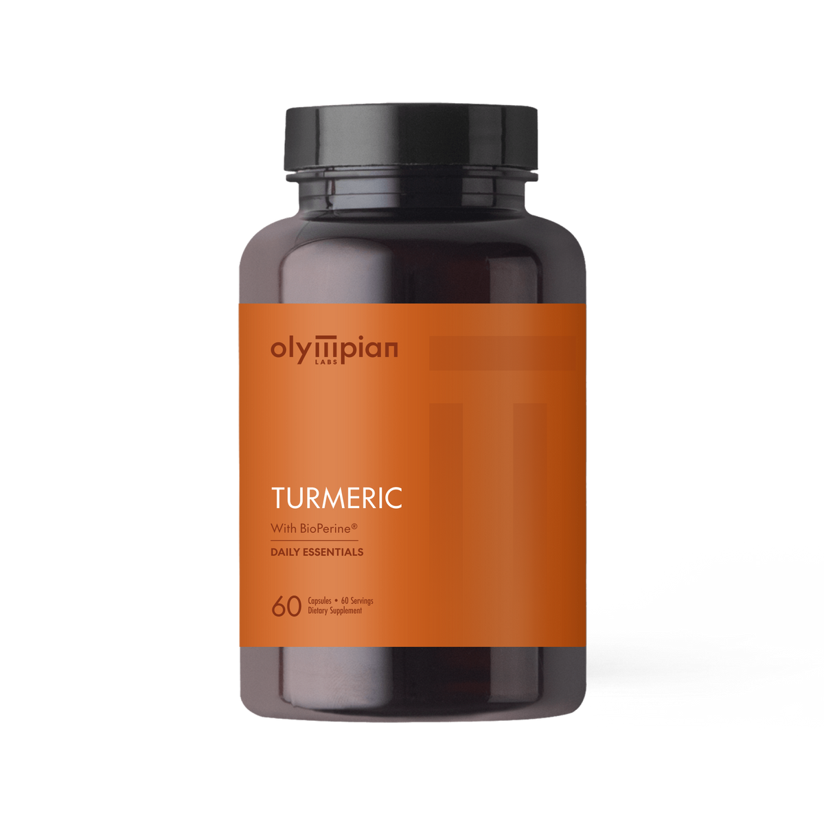 Supplement bottle labeled 'Olympian' with 'Turmeric' on an orange label against a white background
