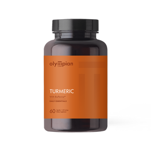 Supplement bottle labeled 'Olympian' with 'Turmeric' on an orange label against a white background