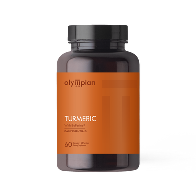 Supplement bottle labeled 'Olympian' with 'Turmeric' on an orange label against a white background