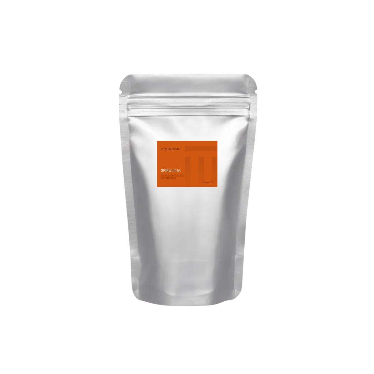 Silver foil packaging with an orange label on a white background