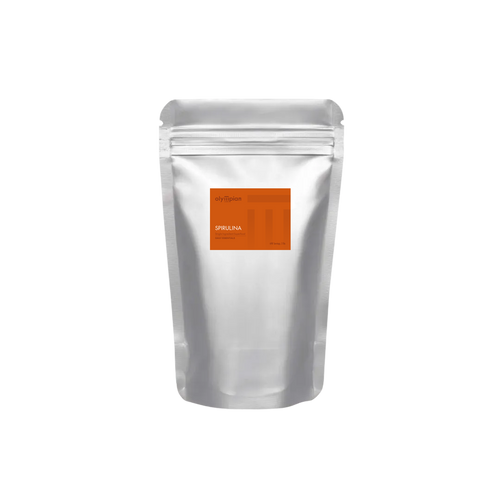 Silver foil packaging with an orange label on a white background