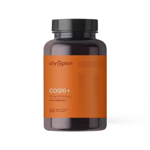 Supplement bottle labeled 'Olympian COQ10+' on a white background