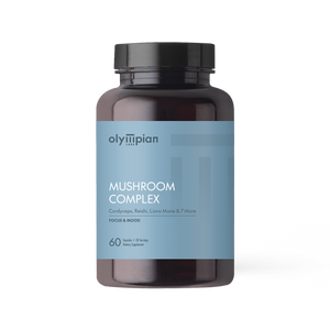 Supplement bottle labeled 'Olympian Mushroom Complex' on a white background